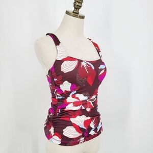 Athleta Floral Tankini Swim Top Square Neck Ruched Bra Cups Size 32 B/C